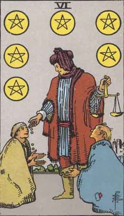 Карта Таро Шестёрка Пентаклей — Six of Pentacles