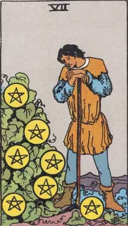 Карта Таро Семёрка Пентаклей — Seven of Pentacles
