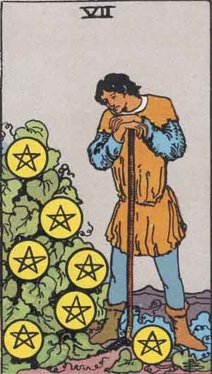 Карта Таро Семёрка Пентаклей — Seven of Pentacles
