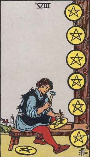 Карта Таро Восьмёрка Пентаклей — Eight of Pentacles