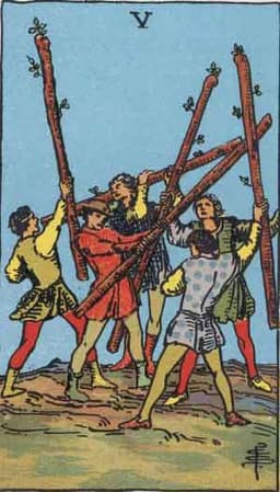Карта Таро Пятёрка Жезлов — Five of Wands